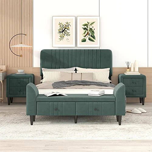 Luxury Upholstered Velvet Bed Set- Full Bed, Bed Storge Bench And 2 Nightstands/Platform Bed Frame With Headboard/Easy Assembly, Green 4 Luxury Upholstered Velvet Bed Set- Full Bed, Bed Storge Bench And 2 Nightstands/Platform Bed Frame With Headboard/Easy Assembly, Green - Image 2