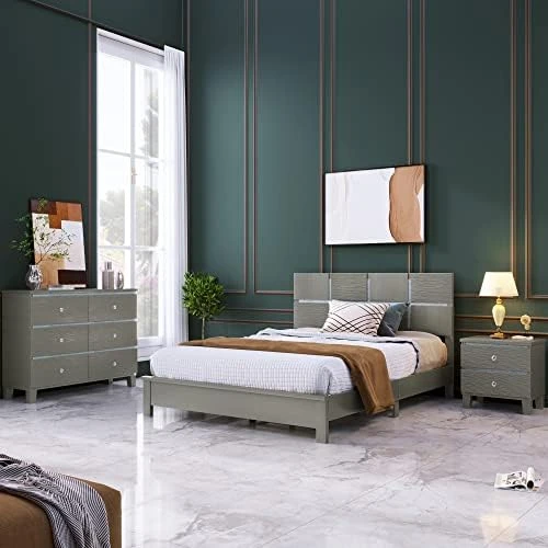 Bedroom Sets, 5 Pieces Bedroom Sets, Wood Bedroom Sets With Queen Platform Bed, Nightstand*2, Dresser & Mirror, Champagne Silver 12 Bedroom Sets, 5 Pieces Bedroom Sets, Wood Bedroom Sets With Queen Platform Bed, Nightstand*2, Dresser & Mirror, Champagne Silver - Image 10
