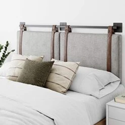 Harlow Modern Wall Mount Hanging Upholstered Headboard, Queen, Gray With Brown Faux Leather Straps