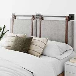 Harlow Modern Wall Mount Hanging Upholstered Headboard, Queen, Gray With Brown Faux Leather Straps -Delta Children Shop 516qmjepdHL. AC