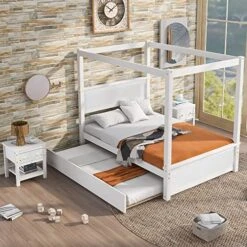 Full Size Wood Canopy Bed With Trundle And Two Nightstands, 4-Post Platform Frame Headboard, 3 Pieces Bedroom Set (Brushed White) Full Canopy Bed+2 Nightstands 19 Full Size Wood Canopy Bed With Trundle And Two Nightstands, 4-Post Platform Frame Headboard, 3 Pieces Bedroom Set (Brushed White) Full Canopy Bed+2 Nightstands -Delta Children Shop 517q7tli0GL
