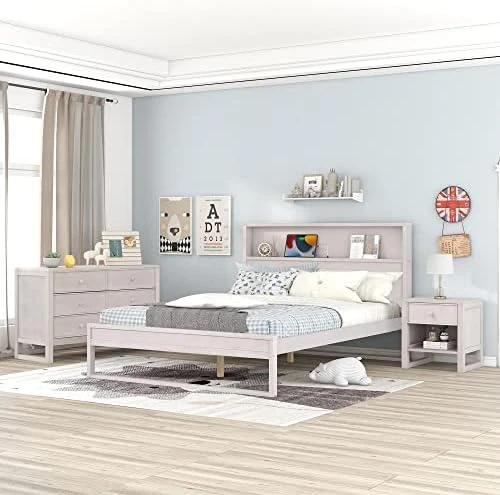 5-Piece Bedroom Furniture Set, Solid Wood Bedroom Set With King Size Platform Bed, Two Nightstands, 7-Drawer Dresser And 5-Drawer Double Chest (White) 17 5-Piece Bedroom Furniture Set, Solid Wood Bedroom Set With King Size Platform Bed, Two Nightstands, 7-Drawer Dresser And 5-Drawer Double Chest (White) - Image 15