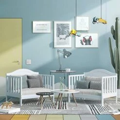 Costzon 2 In 1 Convertible Toddler Bed, Classic Wood Kids Bed W/2 Side Guardrails, Footboard For Extra Safety, Children Bed Frame Convert To Two Chairs/Sofa/Cribs, Gift For Boy Girl (White) -Delta Children Shop 518yXmAQnmL