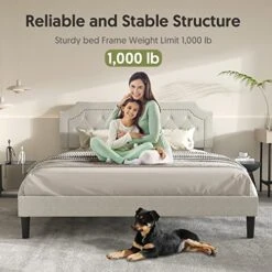 Queen Size Bed Frame Upholstered Low Profile Traditional Platform With Tufted And Nail Headboard/No Box Spring Needed/No Bed Skirt Needed/Linen Fabric Upholstery/Color Of Sand -Delta Children Shop 519EfdHtJjL