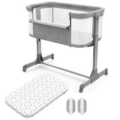 VANCLE Baby Bassinet Bedside Crib For Baby Sleeper, Portable Mesh Bassinet With Wheels & Comfy Mattress, Height Adjustable Baby Bed For Infants & Newborn Baby Boy & Girl (Light Grey)
