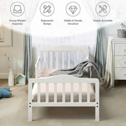 Costzon Toddler Bed, Classic Wood Kids Bed Frame W/Double Safety Guardrail, Low To Floor Design, Wooden Slat Support, Fits Full Size Crib Mattress, Bedroom Furniture For Boys & Girls (White) -Delta Children Shop 51ATrVstvEL