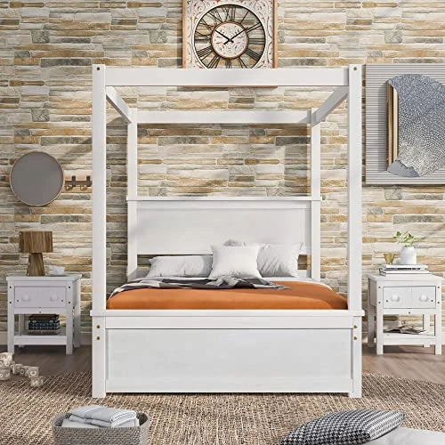 Full Size Wood Canopy Bed With Trundle And Two Nightstands, 4-Post Platform Frame Headboard, 3 Pieces Bedroom Set (Brushed White) Full Canopy Bed+2 Nightstands 3 Full Size Wood Canopy Bed With Trundle And Two Nightstands, 4-Post Platform Frame Headboard, 3 Pieces Bedroom Set (Brushed White) Full Canopy Bed+2 Nightstands