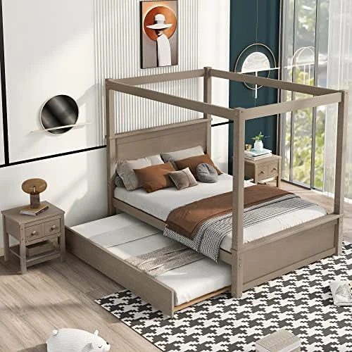 3-Piece Bedroom Set, Solid Wood Bedroom Set, Full Size Canopy Platform Bed With Trundle Bed And 2 Nightstands, Light Brown 11 3-Piece Bedroom Set, Solid Wood Bedroom Set, Full Size Canopy Platform Bed With Trundle Bed And 2 Nightstands, Light Brown - Image 9
