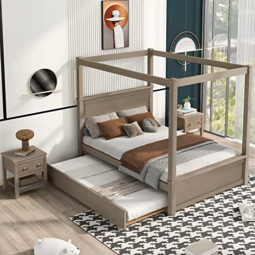 3-Piece Bedroom Set, Solid Wood Bedroom Set, Full Size Canopy Platform Bed With Trundle Bed And 2 Nightstands, Light Brown 3 3-Piece Bedroom Set, Solid Wood Bedroom Set, Full Size Canopy Platform Bed With Trundle Bed And 2 Nightstands, Light Brown