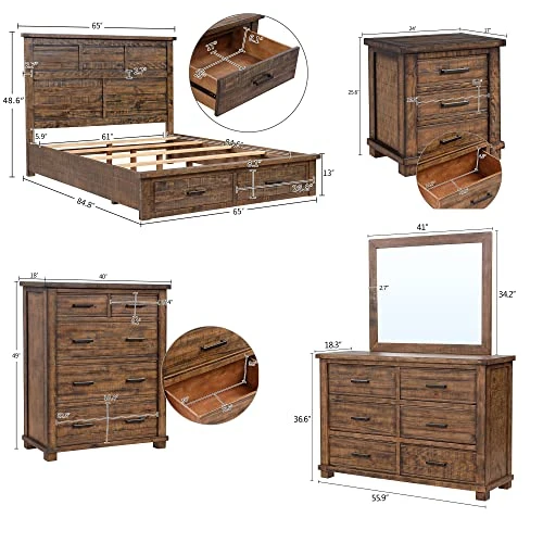 Farmhouse 6-Piece Bedroom Furniture Sets, Wood Queen Bedroom Furniture Set Include Solid Pine Wood Storage Bed, 2 Nightstands, 6-Drawer Dresser And 5-Drawer Chest And Mirror 8 Farmhouse 6-Piece Bedroom Furniture Sets, Wood Queen Bedroom Furniture Set Include Solid Pine Wood Storage Bed, 2 Nightstands, 6-Drawer Dresser And 5-Drawer Chest And Mirror - Image 6