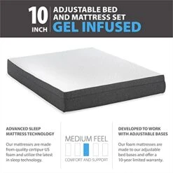 LISSFUL NIGHTS 10 Inch Gel Infused Medium Firm Memory Foam Mattress With E2 Adjustable Bed Frame Combo Set Head And Foot Incline Wired Remote (Full). -Delta Children Shop 51DXnJhdZIS