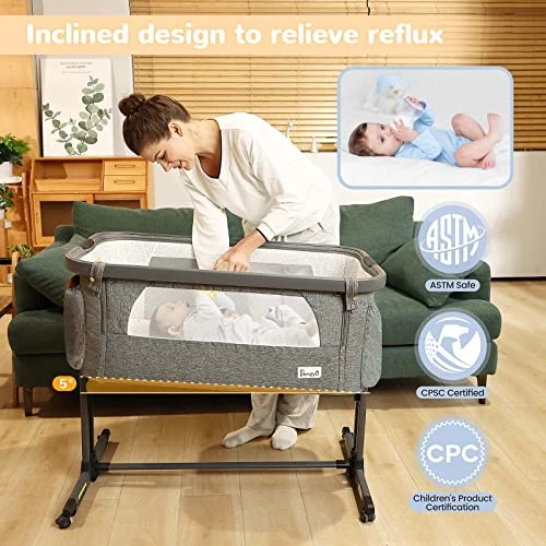 Li’l Pengyu Bedside Bassinet For Baby, Adjustable Baby Bassinets Bedside Sleeper With Cotton Mattress,Tool-Free Assemble Portable Rolling Cribs With Travel Bag Large Breathable Mesh (Gray) 5 Li’l Pengyu Bedside Bassinet For Baby, Adjustable Baby Bassinets Bedside Sleeper With Cotton Mattress,Tool-Free Assemble Portable Rolling Cribs With Travel Bag Large Breathable Mesh (Gray) - Image 3