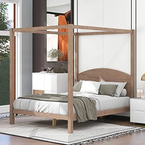 Full Size Wood Canopy Bed With Trundle And Two Nightstands, 4-Post Platform Frame Headboard, 3 Pieces Bedroom Set (Brushed White) Full Canopy Bed+2 Nightstands 16 Full Size Wood Canopy Bed With Trundle And Two Nightstands, 4-Post Platform Frame Headboard, 3 Pieces Bedroom Set (Brushed White) Full Canopy Bed+2 Nightstands - Image 14