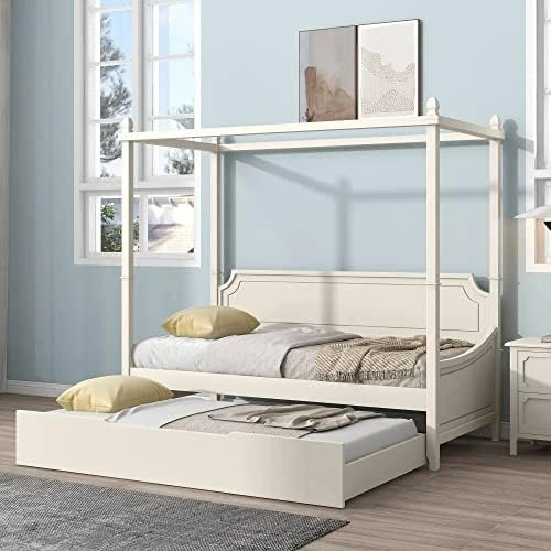 3-Piece Bedroom Set, Solid Wood Bedroom Set, Full Size Canopy Platform Bed With Trundle Bed And 2 Nightstands, Light Brown 14 3-Piece Bedroom Set, Solid Wood Bedroom Set, Full Size Canopy Platform Bed With Trundle Bed And 2 Nightstands, Light Brown - Image 12