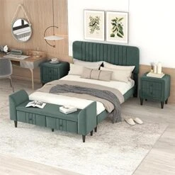 Droom Set Queen Size Upholstered Platform Bed Frame With Two Nightstands And One Storage Bench Ottoman 4-Piece Bedroom Sets For Adults Teens, Green -Delta Children Shop 51KbIBIRseL. AC