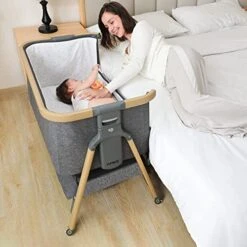 AMKE Bedside Sleeper For Baby,35s Quick Assemble Crib With Storage Basket,Portable Bassinets For Safe Co-Sleeping, Adjustable Bed For Infant Newborn