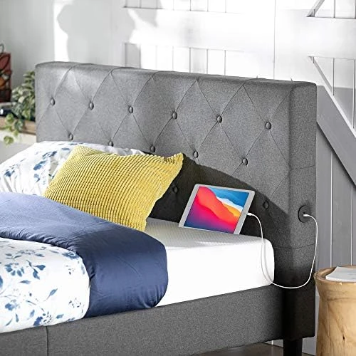 INUS Shalini Upholstered Platform Bed Frame / Mattress Foundation / Wood Slat Support / No Box Spring Needed / Easy Assembly, Dark Grey, Queen 17 INUS Shalini Upholstered Platform Bed Frame / Mattress Foundation / Wood Slat Support / No Box Spring Needed / Easy Assembly, Dark Grey, Queen - Image 15