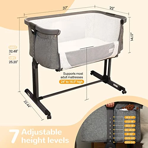 Li’l Pengyu Bedside Bassinet For Baby, Adjustable Baby Bassinets Bedside Sleeper With Cotton Mattress,Tool-Free Assemble Portable Rolling Cribs With Travel Bag Large Breathable Mesh (Gray) 7 Li’l Pengyu Bedside Bassinet For Baby, Adjustable Baby Bassinets Bedside Sleeper With Cotton Mattress,Tool-Free Assemble Portable Rolling Cribs With Travel Bag Large Breathable Mesh (Gray) - Image 5