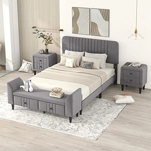 4-Piece Queen Size Bedroom Furniture Set, Velvet Upholstered Platform Bed With Storage Bench And Two 2-Drawer Nightstands 9 4-Piece Queen Size Bedroom Furniture Set, Velvet Upholstered Platform Bed With Storage Bench And Two 2-Drawer Nightstands - Image 7