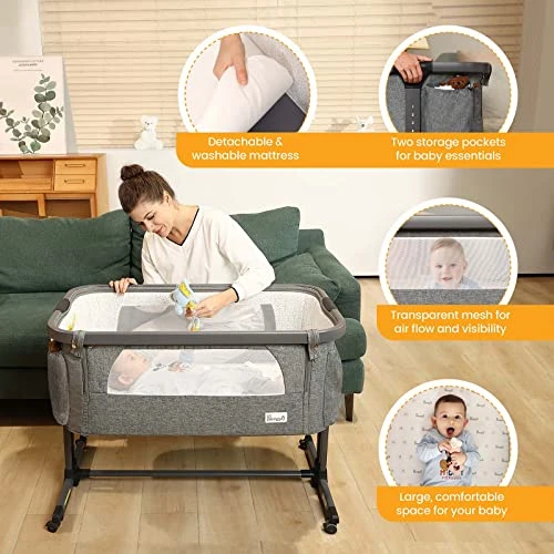 Li’l Pengyu Bedside Bassinet For Baby, Adjustable Baby Bassinets Bedside Sleeper With Cotton Mattress,Tool-Free Assemble Portable Rolling Cribs With Travel Bag Large Breathable Mesh (Gray) 6 Li’l Pengyu Bedside Bassinet For Baby, Adjustable Baby Bassinets Bedside Sleeper With Cotton Mattress,Tool-Free Assemble Portable Rolling Cribs With Travel Bag Large Breathable Mesh (Gray) - Image 4