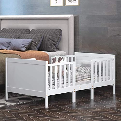 Costzon 2 In 1 Convertible Toddler Bed Frame, Converts To Two Chairs, Classic Wood Kids Bed W/Double Side Safety Guardrails, Footboard For Extra Safety, Fits Full Size Crib Mattress (White) 7 Costzon 2 In 1 Convertible Toddler Bed Frame, Converts To Two Chairs, Classic Wood Kids Bed W/Double Side Safety Guardrails, Footboard For Extra Safety, Fits Full Size Crib Mattress (White) - Image 5