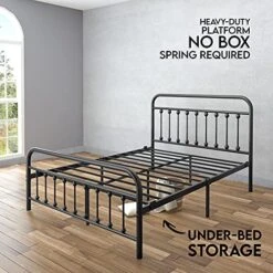 Vintage Queen Metal Bed Frame With Headboard And Footboard Platform/Wrought Iron/Heavy Duty/Solid Metal Slat/Textured Black/No Box Spring Needed/Industrial & Farmhouse -Delta Children Shop 51RwwPftWfS