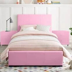 Hindes Upholstered Platform Bed, Pink, Full With 1 Nightstand -Delta Children Shop 51SxJDEBhUL. AC
