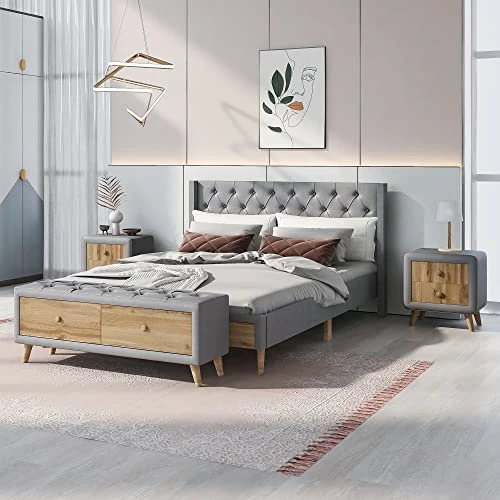 4 Pieces Bedroom Sets, Queen Upholstered Platform Bed With 2 Nightstands And Storage Bench, Platform Bed Frame With Button Tufted Upholstered Headboard (Gray) 4 4 Pieces Bedroom Sets, Queen Upholstered Platform Bed With 2 Nightstands And Storage Bench, Platform Bed Frame With Button Tufted Upholstered Headboard (Gray) - Image 2
