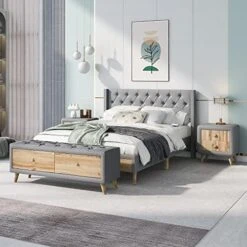 4-Pieces Modern Bedroom Set, Wooden Bedroom Furniture Sets With Queen Size Upholstered Platform Bed,2 Nightstands And 1 Storage Bench For Kids Teens Adults Bedroom -Delta Children Shop 51TnHkIG7TL. AC 1