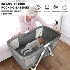 INFANS 2 In 1 Rocking Bassinet For Newborn Baby, One-Second Fold Travel Crib With Detachable & Thicken Mattress, Height Adjustable Legs, Mosquito Net, Cradle With Rock Mode & Stationary (Gray) -Delta Children Shop 51UtWIr0ccL