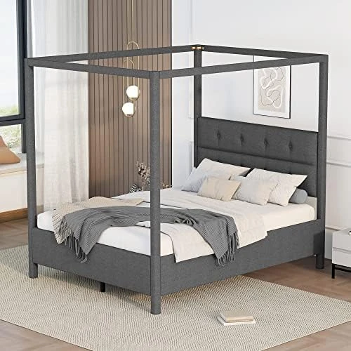 Full Size Wood Canopy Bed With Trundle And Two Nightstands, 4-Post Platform Frame Headboard, 3 Pieces Bedroom Set (Brushed White) Full Canopy Bed+2 Nightstands 14 Full Size Wood Canopy Bed With Trundle And Two Nightstands, 4-Post Platform Frame Headboard, 3 Pieces Bedroom Set (Brushed White) Full Canopy Bed+2 Nightstands - Image 12