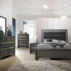 – 6-Piece Gray Wood With Faux Leather Headboard Queen Bedroom Set. Bed, Dresser, Mirror, Chest, 2 Night Stands