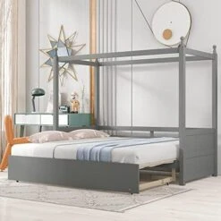 Full Size Wood Canopy Bed With Trundle And Two Nightstands, 4-Post Platform Frame Headboard, 3 Pieces Bedroom Set (Brushed White) Full Canopy Bed+2 Nightstands 26 Full Size Wood Canopy Bed With Trundle And Two Nightstands, 4-Post Platform Frame Headboard, 3 Pieces Bedroom Set (Brushed White) Full Canopy Bed+2 Nightstands -Delta Children Shop 51Zuqbk20L. AC