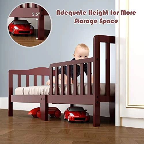 HONEY JOY Toddler Bed Frame, Solid Rubber Wood Frame W/Safety Guardrail, Fits Crib Full Size Mattress (Not Included), Children Classic Sleeping Bedroom Furniture For Kids Boys Girls(Brown) 8 HONEY JOY Toddler Bed Frame, Solid Rubber Wood Frame W/Safety Guardrail, Fits Crib Full Size Mattress (Not Included), Children Classic Sleeping Bedroom Furniture For Kids Boys Girls(Brown) - Image 6
