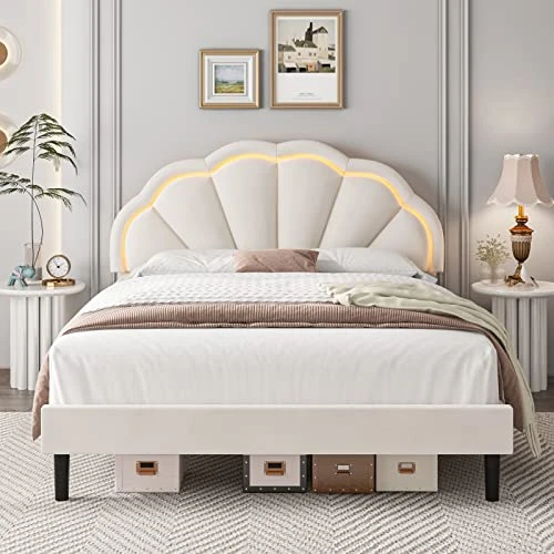Ull Upholstered Smart LED Bed Frame With Adjustable Elegant Flowers Headboard, Platform Bed Frame Full Size With Wooden Slats Support, No Box Spring Needed, Easy Assembly, Beige 3 Ull Upholstered Smart LED Bed Frame With Adjustable Elegant Flowers Headboard, Platform Bed Frame Full Size With Wooden Slats Support, No Box Spring Needed, Easy Assembly, Beige