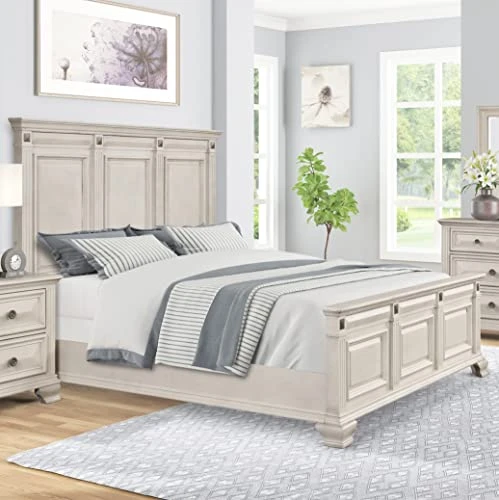 Va Wood Bedroom Set, Panel Bed, Dresser, Mirror, Nightstand, King, Distressed Parchment 4 Va Wood Bedroom Set, Panel Bed, Dresser, Mirror, Nightstand, King, Distressed Parchment - Image 2