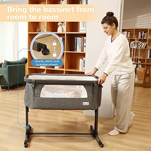 Li’l Pengyu Bedside Bassinet For Baby, Adjustable Baby Bassinets Bedside Sleeper With Cotton Mattress,Tool-Free Assemble Portable Rolling Cribs With Travel Bag Large Breathable Mesh (Gray) 4 Li’l Pengyu Bedside Bassinet For Baby, Adjustable Baby Bassinets Bedside Sleeper With Cotton Mattress,Tool-Free Assemble Portable Rolling Cribs With Travel Bag Large Breathable Mesh (Gray) - Image 2