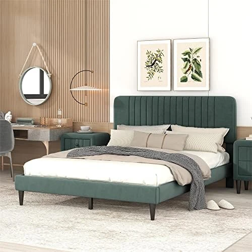Luxury Upholstered Velvet Bed Set- Full Bed, Bed Storge Bench And 2 Nightstands/Platform Bed Frame With Headboard/Easy Assembly, Green 15 Luxury Upholstered Velvet Bed Set- Full Bed, Bed Storge Bench And 2 Nightstands/Platform Bed Frame With Headboard/Easy Assembly, Green - Image 13