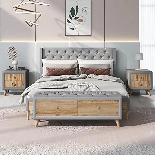 4 Pieces Bedroom Sets, Queen Upholstered Platform Bed With 2 Nightstands And Storage Bench, Platform Bed Frame With Button Tufted Upholstered Headboard (Gray) 11 4 Pieces Bedroom Sets, Queen Upholstered Platform Bed With 2 Nightstands And Storage Bench, Platform Bed Frame With Button Tufted Upholstered Headboard (Gray) - Image 9