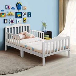 Costzon Toddler Bed, Classic Wood Kids Bed Frame W/Double Safety Guardrail, Low To Floor Design, Wooden Slat Support, Fits Full Size Crib Mattress, Bedroom Furniture For Boys & Girls (White) -Delta Children Shop 51dLOIftO L