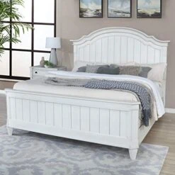 Saline Wood Camelback Planked Queen Bed With Dresser, Mirror, Two Nightstands, White