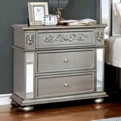 Azha Collection Glamorous Look Traditional Silver Finish Gray Padded Fabric Eastern King Size Bed Tufted HB FB Matching Dresser Mirror Nightstand Formal Bedroom Furniture 4pc Set -Delta Children Shop 51ghLBngpmL