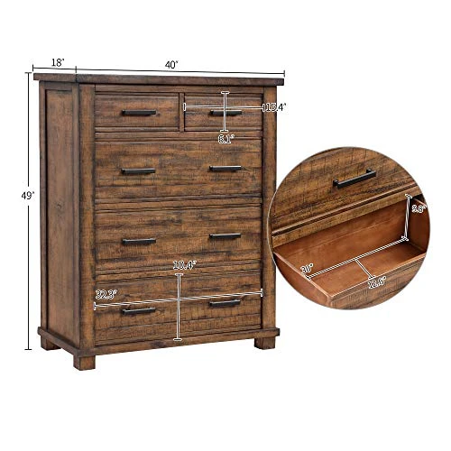 Farmhouse 6-Piece Reclaimed Wood Bedroom Set With Mirror And Black Finish Metal Handles, 2-Drawer Queen Bed, 6-Drawer Dresser, 5-Drawer Chest And Double 3-Drawer Nightstands (Natural) 8 Farmhouse 6-Piece Reclaimed Wood Bedroom Set With Mirror And Black Finish Metal Handles, 2-Drawer Queen Bed, 6-Drawer Dresser, 5-Drawer Chest And Double 3-Drawer Nightstands (Natural) - Image 6