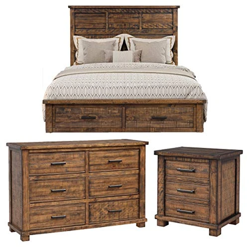 Farmhouse 6-Piece Reclaimed Wood Bedroom Set With Mirror And Black Finish Metal Handles, 2-Drawer Queen Bed, 6-Drawer Dresser, 5-Drawer Chest And Double 3-Drawer Nightstands (Natural) 5 Farmhouse 6-Piece Reclaimed Wood Bedroom Set With Mirror And Black Finish Metal Handles, 2-Drawer Queen Bed, 6-Drawer Dresser, 5-Drawer Chest And Double 3-Drawer Nightstands (Natural) - Image 3
