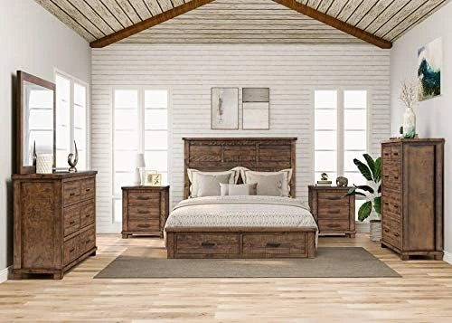 Farmhouse 6-Piece Reclaimed Wood Bedroom Set With Mirror And Black Finish Metal Handles, 2-Drawer Queen Bed, 6-Drawer Dresser, 5-Drawer Chest And Double 3-Drawer Nightstands (Natural) 11 Farmhouse 6-Piece Reclaimed Wood Bedroom Set With Mirror And Black Finish Metal Handles, 2-Drawer Queen Bed, 6-Drawer Dresser, 5-Drawer Chest And Double 3-Drawer Nightstands (Natural) - Image 9