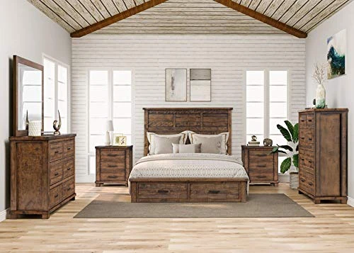 Farmhouse 6-Piece Reclaimed Wood Bedroom Set With Mirror And Black Finish Metal Handles, 2-Drawer Queen Bed, 6-Drawer Dresser, 5-Drawer Chest And Double 3-Drawer Nightstands (Natural) 3 Farmhouse 6-Piece Reclaimed Wood Bedroom Set With Mirror And Black Finish Metal Handles, 2-Drawer Queen Bed, 6-Drawer Dresser, 5-Drawer Chest And Double 3-Drawer Nightstands (Natural)