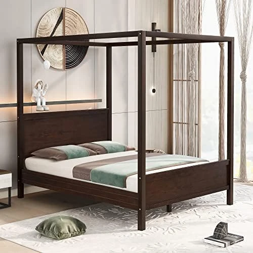 Full Size Wood Canopy Bed With Trundle And Two Nightstands, 4-Post Platform Frame Headboard, 3 Pieces Bedroom Set (Brushed White) Full Canopy Bed+2 Nightstands 11 Full Size Wood Canopy Bed With Trundle And Two Nightstands, 4-Post Platform Frame Headboard, 3 Pieces Bedroom Set (Brushed White) Full Canopy Bed+2 Nightstands - Image 9