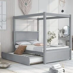 3-Piece Bedroom Set, Solid Wood Bedroom Set, Full Size Canopy Platform Bed With Trundle Bed And 2 Nightstands, Light Brown 19 3-Piece Bedroom Set, Solid Wood Bedroom Set, Full Size Canopy Platform Bed With Trundle Bed And 2 Nightstands, Light Brown -Delta Children Shop 51m2965PpfL. AC