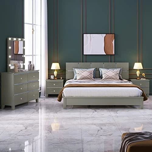 Bedroom Sets, 5 Pieces Bedroom Sets, Wood Bedroom Sets With Queen Platform Bed, Nightstand*2, Dresser & Mirror, Champagne Silver 15 Bedroom Sets, 5 Pieces Bedroom Sets, Wood Bedroom Sets With Queen Platform Bed, Nightstand*2, Dresser & Mirror, Champagne Silver - Image 13