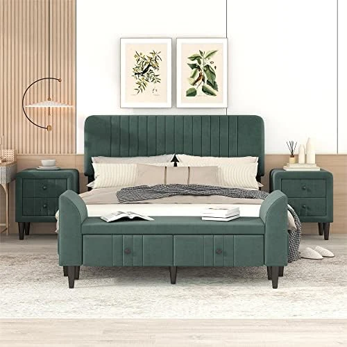 Queen Bedroom Set 4-Pieces, Wooden Bedroom Furniture Sets With Queen Size Upholstered Platform Bed,2 Nightstands And 1 Storage Bench For Kids Teens Adults Bedroom, Green 11 Queen Bedroom Set 4-Pieces, Wooden Bedroom Furniture Sets With Queen Size Upholstered Platform Bed,2 Nightstands And 1 Storage Bench For Kids Teens Adults Bedroom, Green - Image 9